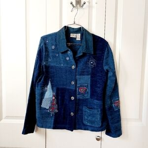 Blue Woven Plaid Christmas Tree, Snowflake‎ & Heart Jacket size Small Koret